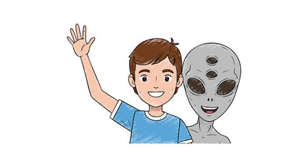 Young boy and gray alien stand close, smiling and waving cheerfully in a friendly cartoon style,...