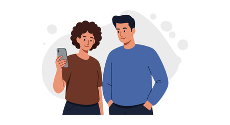 Illustration shows young man and woman standing close, engaging with a smartphone in casual attire with blue and brown colors, relaxed mood.のイラスト素材