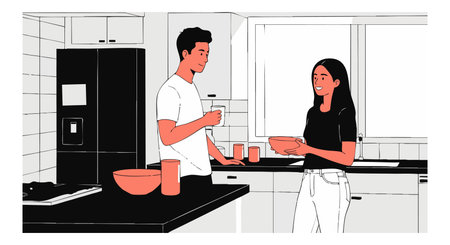 Young man and woman share breakfast in a modern kitchen with black and white colors, creating a warm and relaxed atmosphere.のイラスト素材