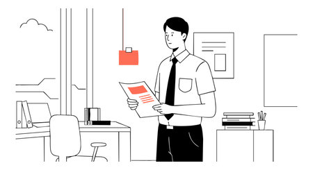 A businessman stands reading a document in a modern office with simple furniture and clean lines, conveying a professional and focused mood.のイラスト素材