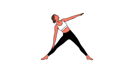 Vector illustration of a woman performing a yoga stretching pose wearing black leggings and white top, conveying calm and focus.のイラスト素材