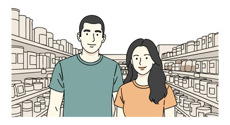 Illustration shows young man and woman standing in grocery store aisle with shelves stocked full of products, friendly and calm mood.のイラスト素材