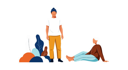 Two young people in casual clothing relax outdoors sitting and standing near colorful rocks in modern flat style. Calm and friendly mood.のイラスト素材