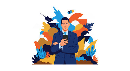 Businessman in suit holding a smartphone with vibrant abstract shapes in the background, representing communication and technology, dynamic mood.のイラスト素材