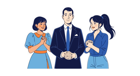 Illustration shows a businessman in a suit flanked by two casually dressed women, all smiling and interacting in a friendly manner, cheerful mood.のイラスト素材