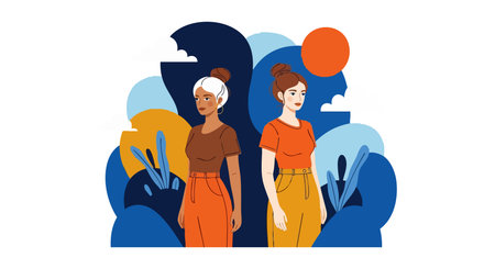 Illustration shows two diverse young women standing with abstract plants and a bright orange sun behind, featuring a calm and modern mood.のイラスト素材