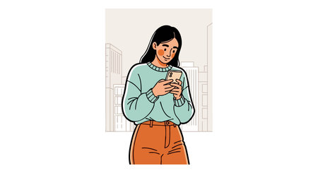 Illustration shows young woman in teal sweater and orange pants using smartphone in city background. The scene feels casual and modern.のイラスト素材