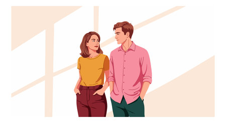 This vector shows a young couple in casual clothing standing indoors, gazing at each other with soft natural light, creating a warm atmosphere.のイラスト素材