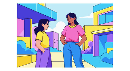 Two young women talk outside in a vibrant urban environment with bright colors and modern architecture, creating a lively and friendly mood.のイラスト素材