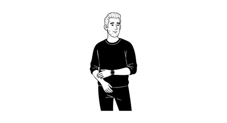 Illustration shows young man in casual clothes making a hand gesture in black and white minimal style, conveying calm and confident mood.のイラスト素材
