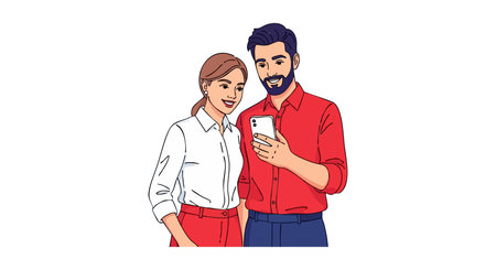 A man and woman smiling while looking at a smartphone screen together, depicting casual interaction and modern digital communication, friendly mood.のイラスト素材