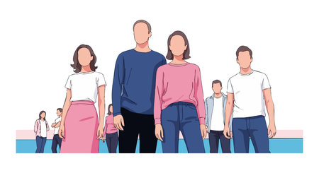 Illustration shows diverse people standing together confidently in casual clothes, symbolizing unity...