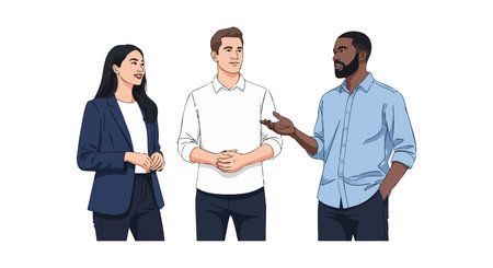 Three diverse business colleagues stand and communicate confidently in casual professional attire, representing teamwork and collaboration with a positive mood.のイラスト素材