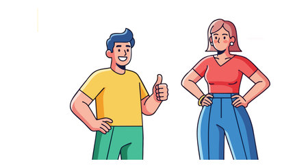 Illustration of a young man smiling and giving thumbs up next to a confident woman with hands on hips in casual clothing, cheerful mood.のイラスト素材