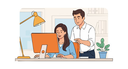 A man assists a woman working on a computer in a bright office with plants and shelves, depicting collaboration and support, calm mood.のイラスト素材
