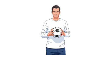Illustration of a man holding a soccer ball with a neutral expression in casual attire, standing confidently on a white background, calm mood.のイラスト素材