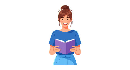 Illustration shows a young woman smiling while reading a purple book, dressed casually in blue, conveying a cheerful mood.のイラスト素材
