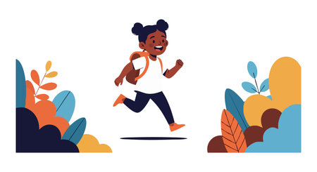 Illustration shows a joyful child running with a backpack among vibrant blue, orange, and yellow plants, creating a lively and cheerful atmosphere.のイラスト素材
