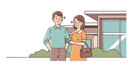 Illustration shows young man and woman outside their modern home, smiling and happy, conveying warmth and togetherness. Cheerful mood.のイラスト素材