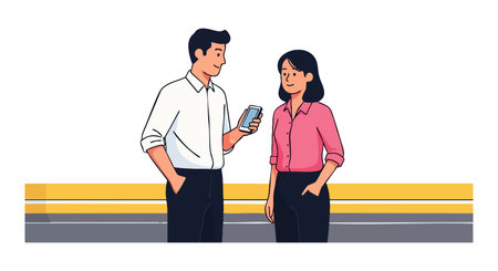 Illustration shows a man and woman casually talking with a smartphone in hand, standing relaxed and engaged in friendly communication. Calm mood.のイラスト素材