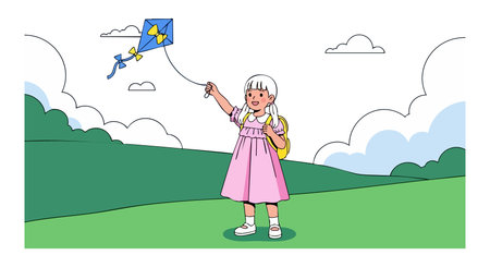 Young girl in pink dress happily flying a blue kite in a green park on a windy day under cloudy sky, bright and cheerful mood.のイラスト素材