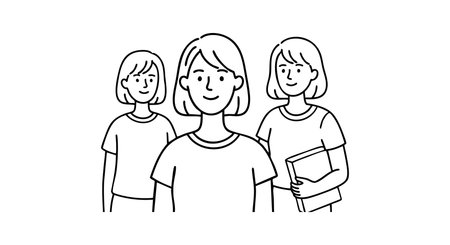 Vector line art shows three young women standing close, smiling with casual summer clothing and short hair, conveying friendly and relaxed mood.のイラスト素材