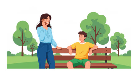 A young couple holds hands and talks while sitting on a bench surrounded by green trees and grass in a sunny park setting, calm mood.のイラスト素材