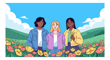 Three diverse women stand in a colorful flower field with hills and a bright blue sky, expressing friendship and unity, cheerful mood.のイラスト素材