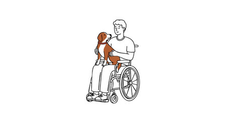 Illustration shows a man in a wheelchair holding a dog on his lap, symbolizing friendship and support in a simple style. Calm mood.のイラスト素材
