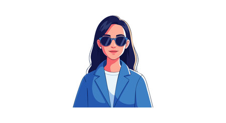 Vector illustration shows a confident businesswoman wearing sunglasses and a blue blazer, presenting...