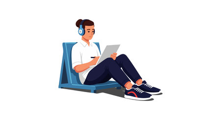 Illustration of a young woman sitting cross-legged wearing headphones and using a digital tablet, focused and relaxed mood.のイラスト素材