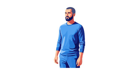 Illustration of a man standing wearing a blue sweater and pants in casual style, showing confident...