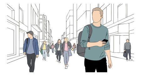 Vector shows diverse people walking and using smartphones on a city street, capturing everyday urban life with a modern, casual vibe.のイラスト素材