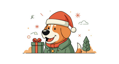 Cheerful dog in Santa hat and green coat stands next to a wrapped gift box with holiday decorations in the background, festive mood.のイラスト素材