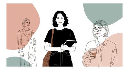 Illustration shows three diverse women with tablet and coffee in abstract minimal style featuring...