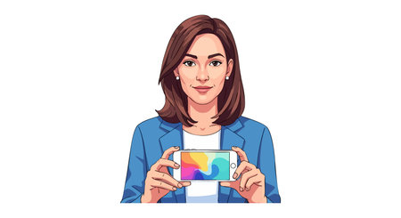Vector illustration shows a confident woman holding a smartphone with a colorful screen, dressed in...