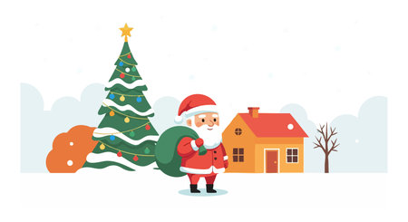 Santa Claus carries a large gift sack near a decorated Christmas tree and cozy house in a winter landscape, creating a festive and joyful atmosphere.のイラスト素材