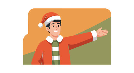 Illustration shows a cheerful man wearing a santa hat and red jacket with green scarf, gesturing happily in a festive mood.のイラスト素材