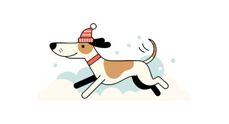 This vector shows a happy dog wearing a red winter hat and collar running joyfully in a snowy environment, capturing a playful mood.のイラスト素材