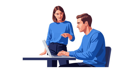 Man seated at desk uses laptop while woman stands nearby pointing at screen, both dressed in blue, depicting teamwork and cooperation, friendly mood.のイラスト素材