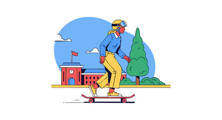 Vector illustration of a skateboarder wearing helmet and casual clothes skating near trees and buildings, showing an active and dynamic lifestyle. Energetic mood.のイラスト素材