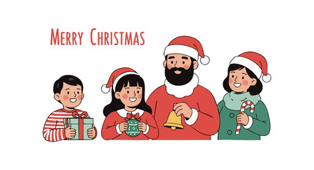 Family with Santa Claus wears festive hats holding presents and candy canes celebrating Christmas joyfully. Warm and cheerful mood.のイラスト素材