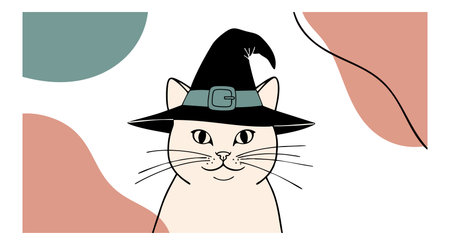 Vector illustration of a cat wearing a witch hat with abstract shapes in muted colors, creating a festive and whimsical Halloween mood.のイラスト素材