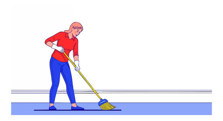 Elderly woman wearing red shirt and blue pants is sweeping the floor with a broom indoors,...