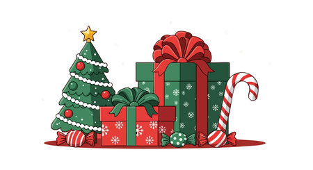 Vector illustration of a decorated Christmas tree with red and green wrapped gifts and a candy cane, evoking a joyful holiday spirit.のイラスト素材