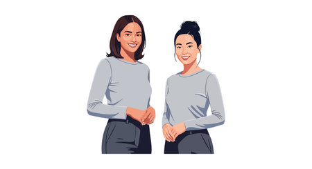 Two women stand smiling confidently wearing casual gray tops in a friendly pose. The image conveys...