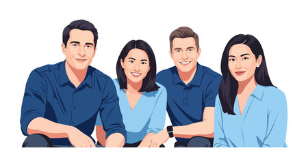 This vector illustration shows four young adults smiling and posing together wearing casual blue...