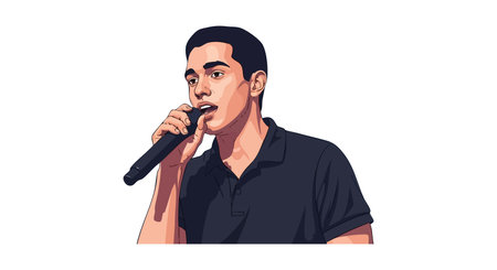 Illustration shows a male singer holding a microphone wearing a dark shirt, delivering a performance...