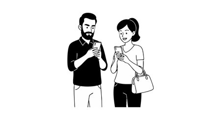 Illustration shows a man and woman standing together using smartphones, engaging in casual communication and digital interaction, friendly atmosphere.のイラスト素材