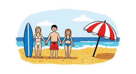 Three children hold hands on sandy beach near surfboard and red umbrella by ocean waves under blue sky in bright summer setting. Cheerful mood.のイラスト素材
